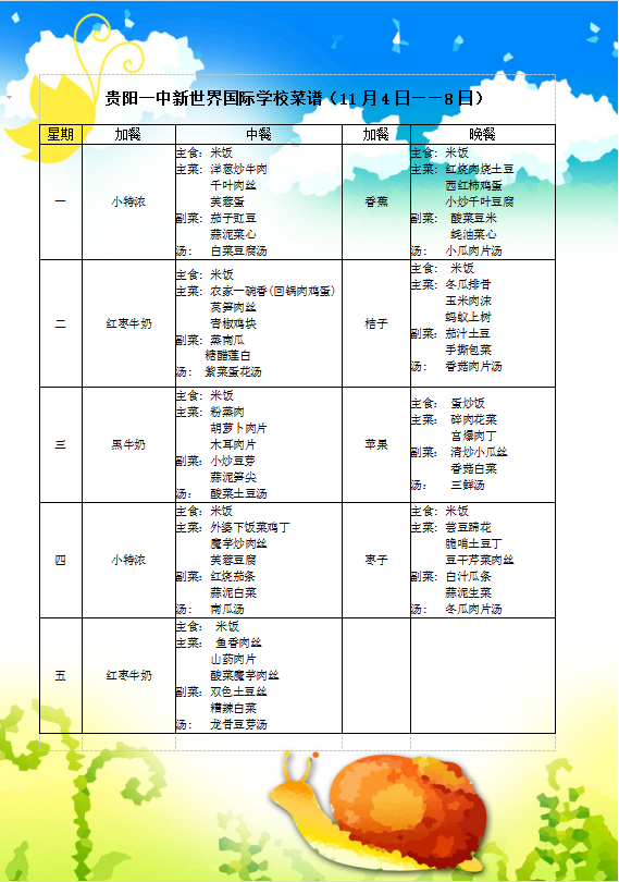 贵阳一中新世界国际学校小学餐菜谱(11月4日-11月8日)